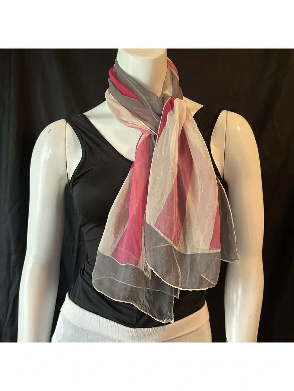 Vera Neumann Vintage Pink, White, and Gray Striped Scarf